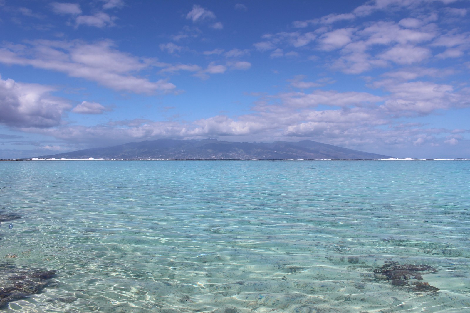 Clear turquoise water at Temae Beach on Moorea, with Tahiti visible across the water beneath a blue sky.